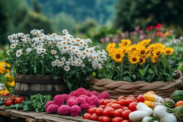 White and Yellow Flowers with Fresh Tomatoes and Vegetables in Rustic Setting