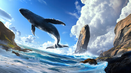 Obraz premium Majestic Whale Breaching in Vibrant Seascape