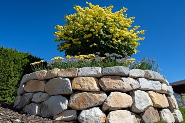 Aubrieta growing at the base of a stone garden wall, with a Forsythia bush towering above, their contrasting colors adding vibrancy to the structure