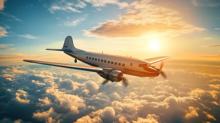 Obraz premium A classic propeller airplane flies through a cloudy sky at sunset.
