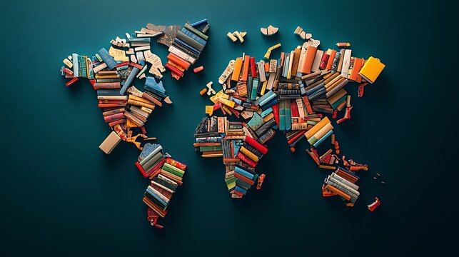 A world map with countries made out of books