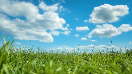 Fototapeta premium A serene and expansive landscape featuring a wide horizon, lush green grass, and a clear blue sky. This peaceful scene captures the simplicity and beauty of nature, with rolling fields meeting the sky