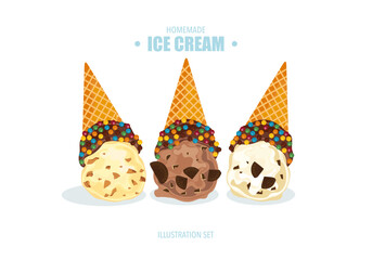 Vector illustration set of gelato ice cream Colorful waffle cones, chocolate wafers, vanilla, chocolate chip cookies, various flavors and toppings, bakery, dessert, ice cream isolated illustration.