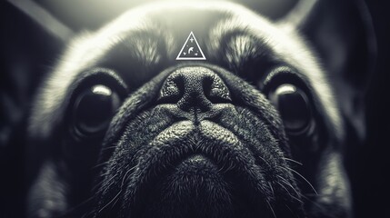 A playful and imaginative illustration of a pug with Illuminati symbols, featuring the iconic all-seeing eye and geometric shapes. The quirky design blends humor with mystery, 