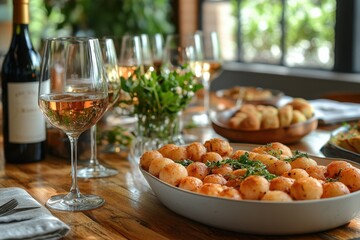 Elegant Dining Table: Wine, Glasses, and Delicious Meal in Daylight