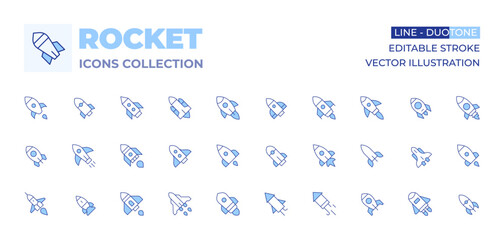 Rocket icons collection. Line Duotone style, editable stroke. startup, rocket, boost, spacecraft, spaceship, fireworks, rocket launch, space rocket, start up