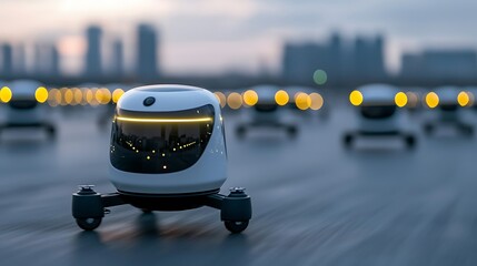 AI-driven food delivery robots navigating through a bustling city to deliver meals
