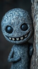 Grinning, eerie wooden doll figure with textured skin and dark, hollow eyes, leaning against a tree in a spooky, unsettling atmosphere
