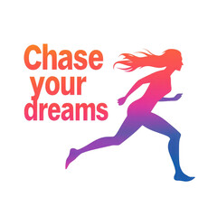 Silhouette of a woman running, motivational quote about dreams.