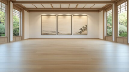 Obraz premium Spacious and elegant gallery-style room with large windows, wooden paneling, and three framed landscape paintings on the wall, offering a peaceful and serene atmosphere