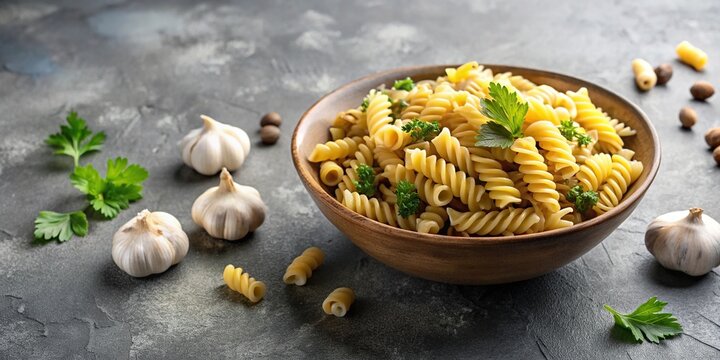Fusilli pasta with mushrooms and garlic in bowl, minimalist