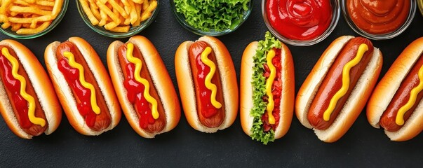 Fast food hot dog with ketchup and mustard, arranged in a bright setup with colorful condiments and sides, 3D illustration
