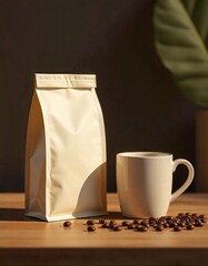 Mockup of premium coffee packaging with coffee bag, mug, and beans on wooden table, warm lighting.
