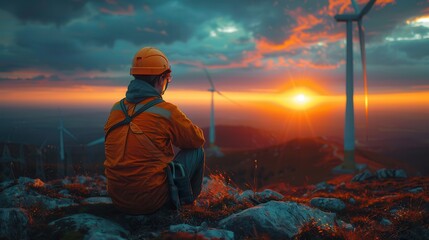 Sunset View with Wind Turbines in Background