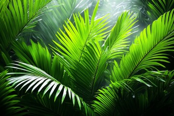Obraz premium Fog moving through a tropical palm forest, with the mist softening the outlines of the palm leaves, creating a dreamy, humid atmosphere