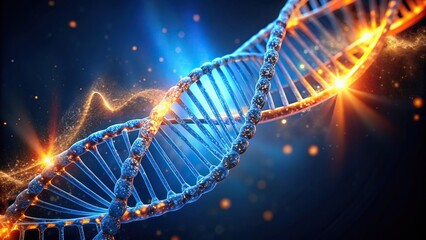 Futuristic glowing DNA helix in blue and orange light at a tilted angle