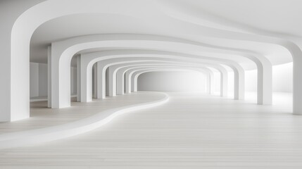 Fototapeta premium Modern minimalist white architectural space with flowing curved arches and soft natural lighting, creating a serene and futuristic atmosphere in an open interior design concept
