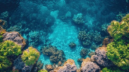 Aerial view of vibrant coral reef and plants.
