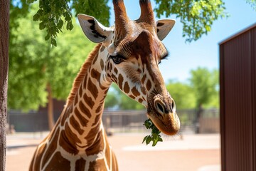 Giraffes feeding from tall trees, reaching high with their long necks to pull leaves from the branches, surrounded by a wide, open savanna-style enclosure
