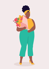 One Plus Size Black Woman Standing While Holding A Bouquet Of Flower.