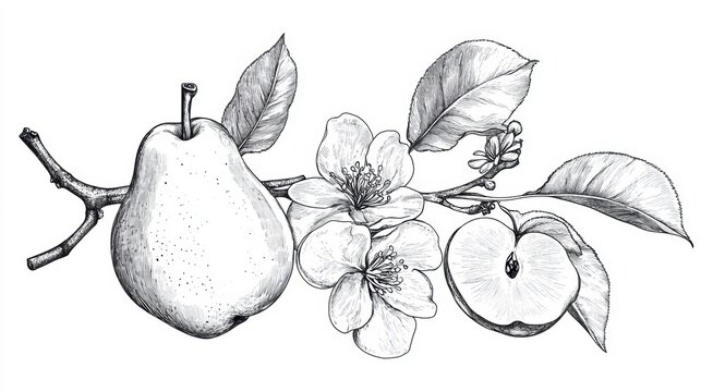 recommend clip art: Artistic line art drawing of pear fruit and tree branch leaf