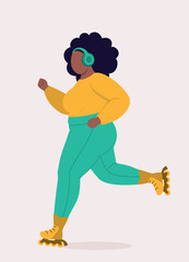 Side View Of One Overweight Black Woman Rollerblading While Listening To Music With Headphones.