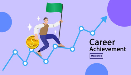 A conceptual banner for career achievement. A man with a flag and a coin walks up a line graph, symbolizing professional growth, milestones, and financial success.
