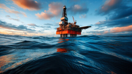 Offshore oil rig stands tall in ocean, surrounded by waves and vibrant sunset sky. scene captures industrial strength and beauty of marine energy exploration
