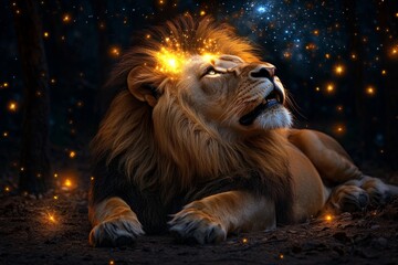 Naklejka premium Lion with a glowing mane in a mystical forest enclosure, its golden fur shimmering with magical light as it roars under a sky filled with glowing stars