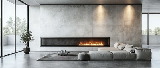 Modern fireplace in a spacious loft living room with large windows and concrete walls, featuring a cozy armchair.