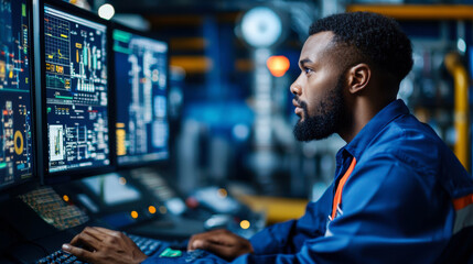 Efficiently monitoring data in control room, focused technician analyzes multiple screens displaying complex information. environment reflects high tech industrial setting