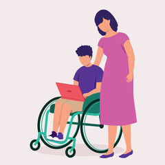 Mother Standing Next To Her Disabled Little Son In Wheelchair Using A Laptop.