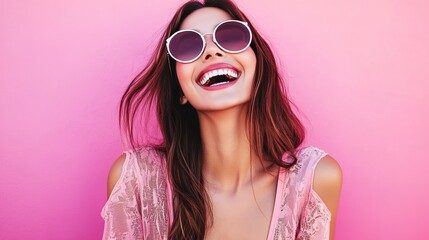 A joyful and smiling woman radiating happiness, representing positive emotions and personal well-being. The image captures the essence of joy, confidence, and a carefree lifestyle,