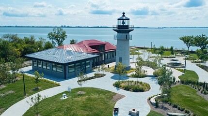 A beautiful naval history park featuring a historic lighthouse standing tall against the backdrop of a clear sky and calm waters. The image highlights the blend of nature and maritime heritage