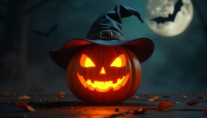 Fototapeta premium halloween pumpkin with bats and pumpkin