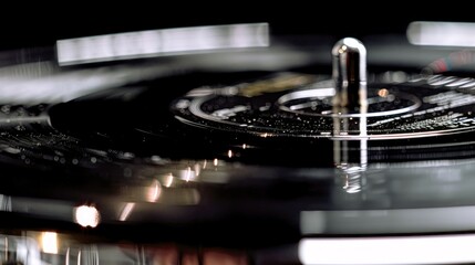 Close-up of a spinning vinyl record on a turntable, showcasing its grooves and reflective surface.