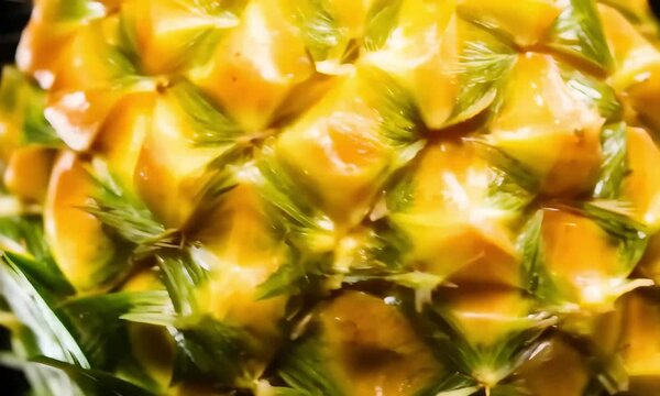 captivating texture of pineapple captured macro video usingprobe lens Every detail unveiled rough spiky skin vibrant colors unique patterns creating engaging pineapple fruit