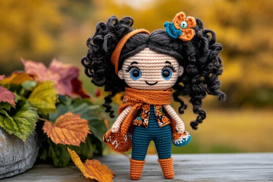 Realistic crochet doll designed to look like a person, with soft, curly yarn for hair, button eyes, and a custom outfit reflecting personal style