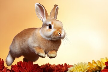 Obraz premium Simple outline of a bunny in soft pastel tones, hopping through a field of flowers, set against a plain, light background