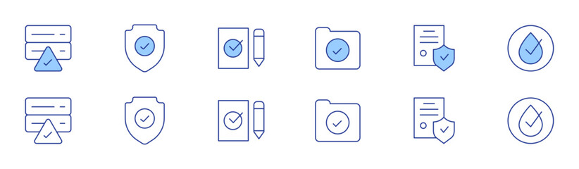 Checkmark icon set in two styles, Duotone and Thin Line style. Editable stroke. folder, insurance, hypoallergenic, server, shield, ballot