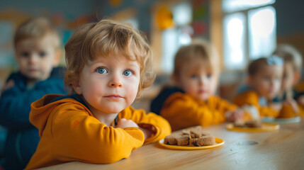 Fototapeta premium Toddlers eating together at preschool mealtime.