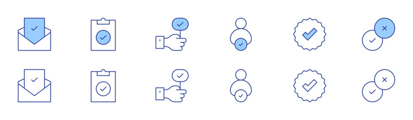 Checkmark icon set in two styles, Duotone and Thin Line style. Editable stroke. good review, task, checked, choose, tick, customer satisfaction