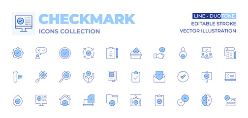 Checkmark icons collection. Line Duotone style, editable stroke. hypoallergenic, compliance, blood tube, checkmark, candidate, search, check, house, check mark, process, protection, checklist