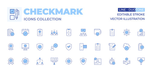Checkmark icons collection. Line Duotone style, editable stroke. trust, online payment, shield, accuracy, choose, guarantee, team, check, check mark, badge, validation
