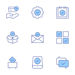 Checkmark icons set. Line Duotone style, editable stroke. vote, check mark, select, correct, email, easy installation, data storage, credit card, purchase