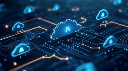 Visual representation of cloud computing, showcasing network connectivity, data storage, and technology infrastructure.