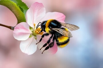 Watercolor illustration of a bumblebee resting on an apple blossom, with gentle washes of color creating a serene, peaceful orchard atmosphere