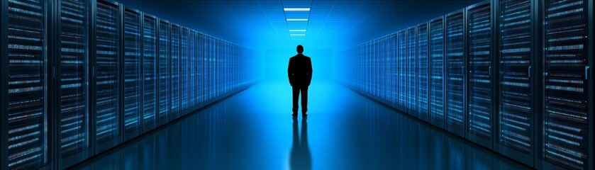 Obraz premium Skilled technician navigating rows of servers in a dark data center technician