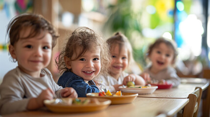 Toddlers eating together at preschool mealtime.