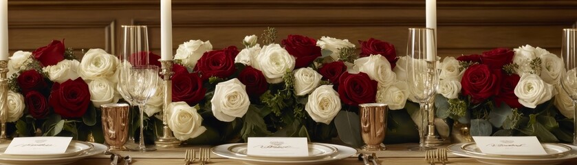 Elegant arrangement of white and red roses on a table, timeless symbol of love and celebration